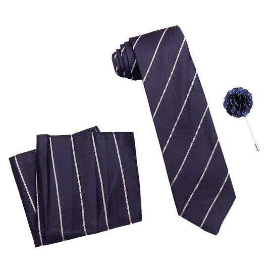 AXLON Men's Polyester Necktie Set with Pocket Square, Brooch Pin and Cufflinks (Free Size, Dark Blue)