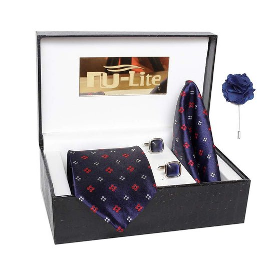 AXLON Men's Micro Polyester Printed Necktie Set with Pocket Square, Brooch Pin and Cufflinks (Free Size)