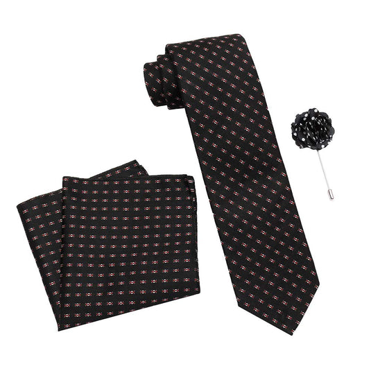 Axlon Men's Polyester Necktie Set with Pocket Square, Brooch Pin and Cufflinks (Free Size, Black)