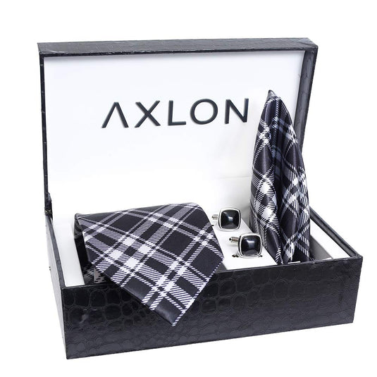 Axlon Men's Micro Polyester Checkered Necktie Set with Pocket Square and Brooch Pin (Black , Free Size)