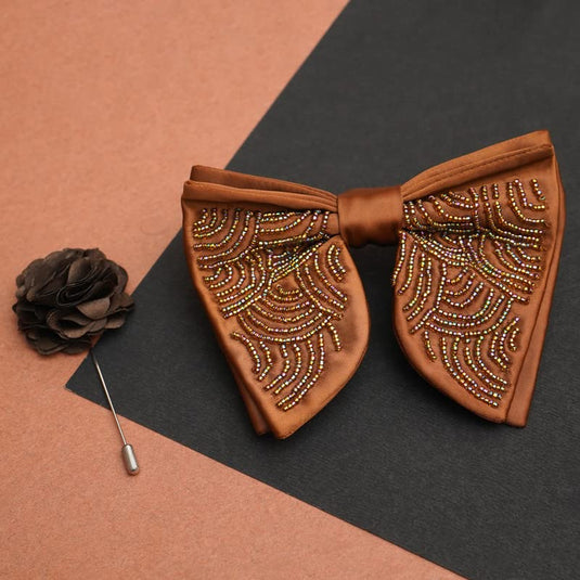 AXLON Premium Butterfly Embroidery Cut Dana Micro Fabric Oversize Big Bow Tie For Men With Flower Brooch Pin (Free Size)