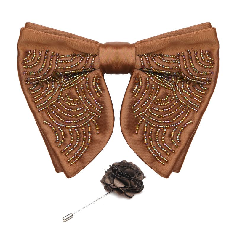 AXLON Premium Butterfly Embroidery Cut Dana Micro Fabric Oversize Big Bow Tie For Men With Flower Brooch Pin (Free Size)