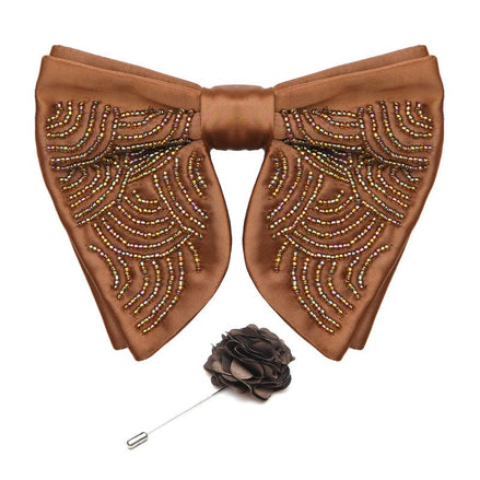 AXLON Premium Butterfly Embroidery Cut Dana Micro Fabric Oversize Big Bow Tie For Men With Flower Brooch Pin (Free Size)