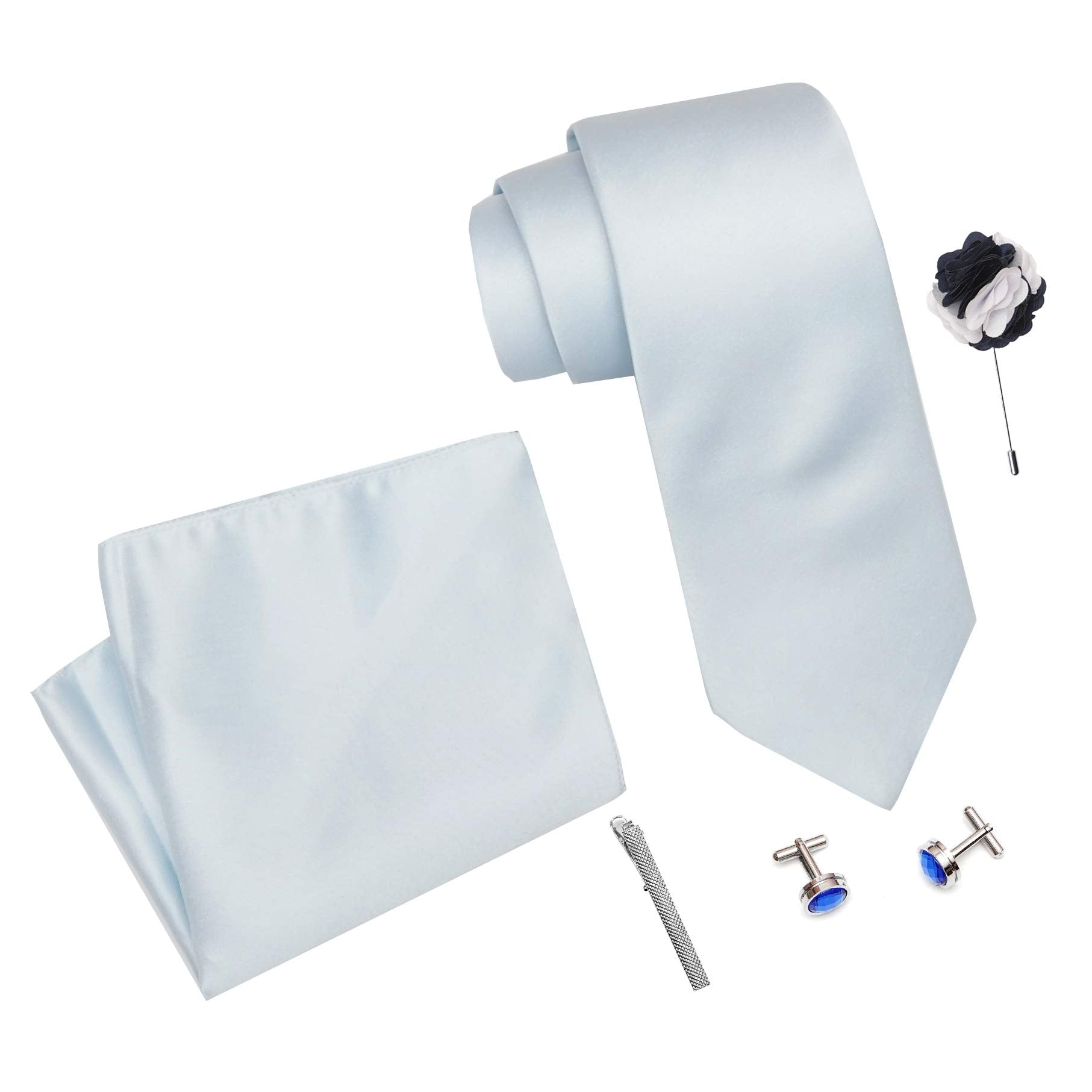 RIZORO Mens Plaid Micro Self Silk Solid Sky Blue Necktie Gift Set With Pocket Square Cufflinks Brooch Pin Men Tie Clip Formal Tie With Wooden Box For Gifting (RW_53, Free Size)