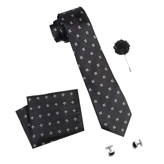 AXLON Men's Micro Polyester Printed Necktie Set with Pocket Square, Brooch Pin and Cufflinks (Free Size)