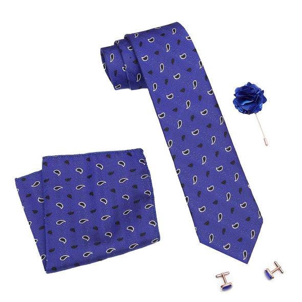 AXLON Formal/Casual Printed Polyester Necktie Set with Pocket Square, Brooch Pin and Cufflinks for Men (Free Size, Blue )