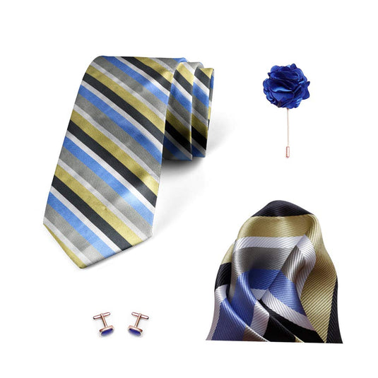 AXLON Men's Micro Polyester Striped Necktie Set with Pocket Square and Brooch Pin (Blue , Free Size)