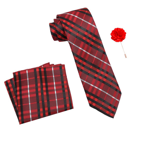 Axlon Men's Micro Polyester Checkered Necktie Set with Pocket Square and Brooch Pin (Red , Free Size)