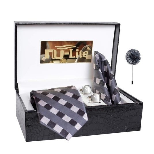 AXLON Men's Micro Polyester Checkered Necktie Set with Pocket Square and Brooch Pin (Grey , Free Size)