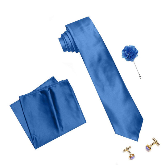 Axlon Men's Micro Polyester Plain Necktie Set with Pocket Square, Brooch Pin and Cufflinks (Blue, Free Size)