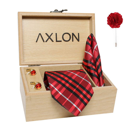 Axlon Men's Micro Polyester Stripped Necktie Set with Pocket Square, Brooch Pin and Cufflinks (Red, Free Size)