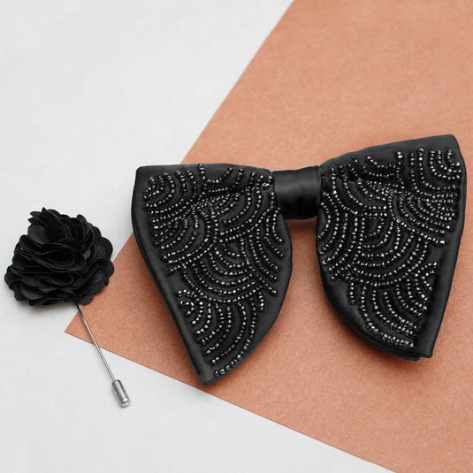 AXLON Premium Butterfly Embroidery Cut Dana Micro Fabric Oversize Big Bow Tie For Men With Flower Brooch Pin (Free Size)