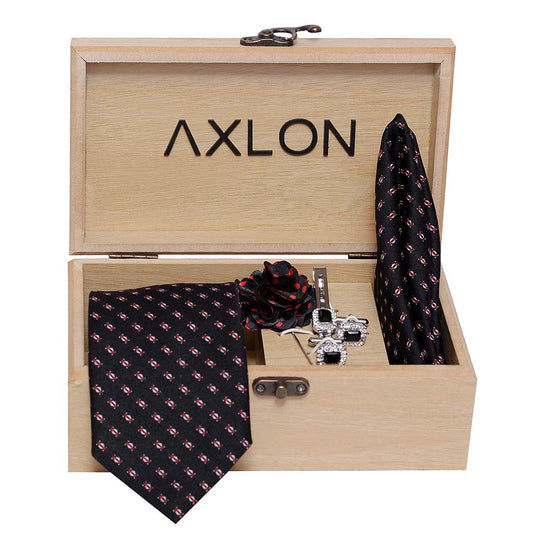 Axlon Men's Micro Polyester Necktie Set with Pocket Square, Brooch Pin and Cufflinks (Black, Free Size)