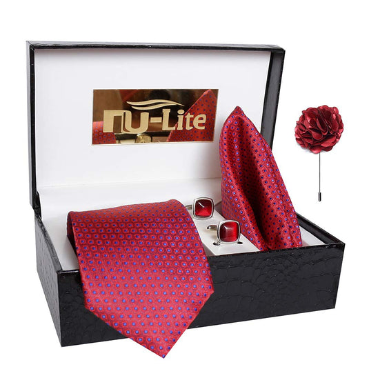 AXLON Men's Micro Polyester Necktie Set with Pocket Square and Brooch Pin (Red , Free Size)