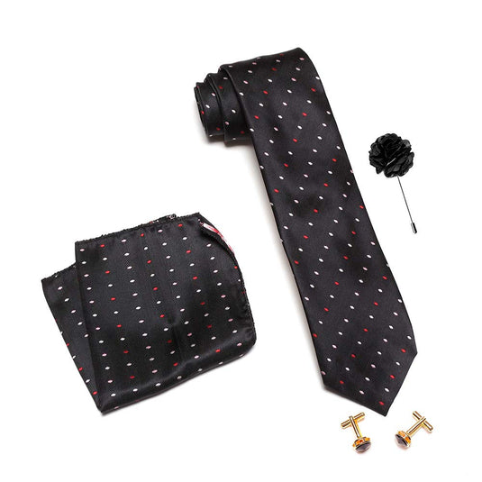 Axlon Men's Micro Polyester Dotted Necktie Set with Pocket Square, Brooch Pin and Cufflinks (Black, Free Size)