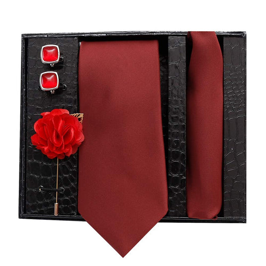 Men's Plain Micro Polyester Necktie Set with Pocket Square, Brooch Pin and Cufflinks (Free Size)