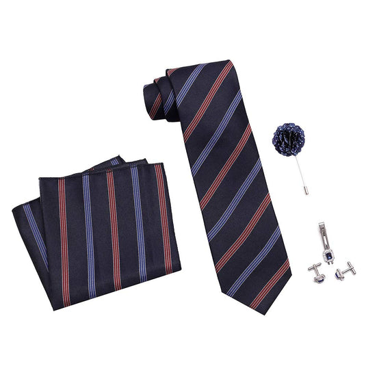 Axlon Men's Micro Polyester Necktie Set with Pocket Square, Brooch Pin and Cufflinks (Blue, Free Size)