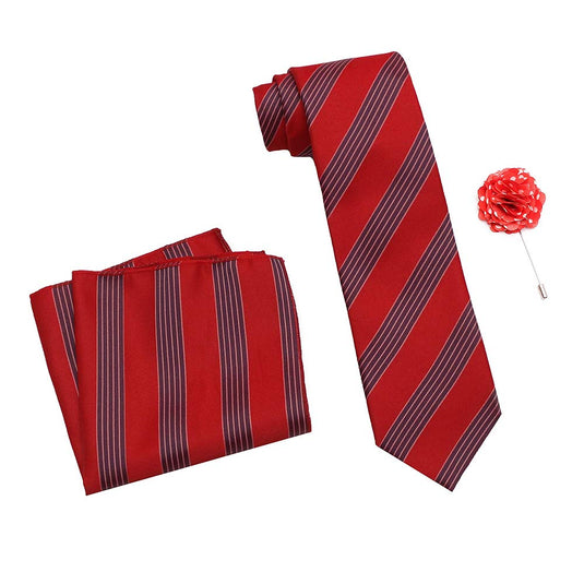 Axlon Men's Polyester Necktie Set with Pocket Square, Brooch Pin and Cufflinks (Free Size, Red)