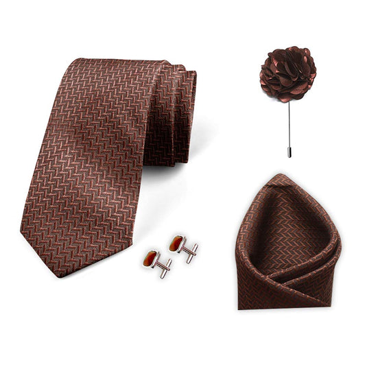 AXLON Men's Micro Polyester Necktie Set with Pocket Square and Brooch Pin (Brown , Free Size)