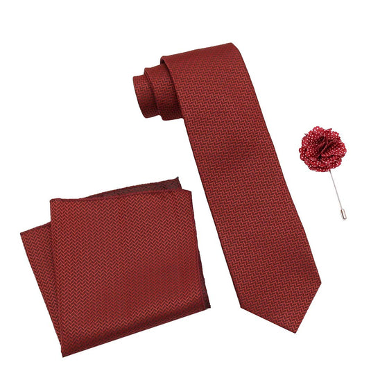 Axlon Men's Polyester Necktie Set with Pocket Square, Brooch Pin and Cufflinks (Free Size, Brick Red)