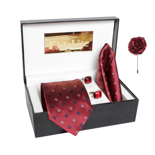 AXLONMen's Micro Polyester Printed Necktie Set with Pocket Square, Brooch Pin and Cufflinks (Free Size)