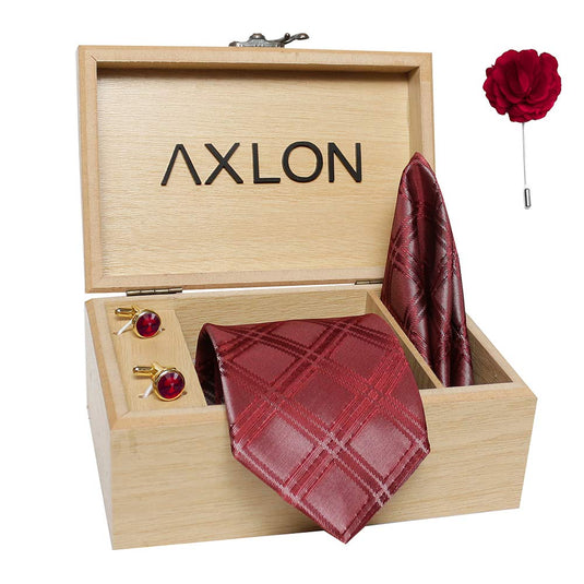 Axlon Men's Micro Polyester Broad Checkered Necktie Set with Pocket Square, Brooch Pin and Cufflinks (Dark Red, Free Size)