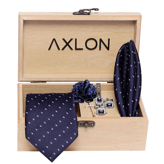 Axlon Men's Micro Polyester Necktie Set with Pocket Square, Brooch Pin and Cufflinks (Blue, Free Size)