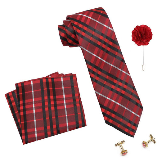 Axlon Men's Micro Polyester Stripped Necktie Set with Pocket Square, Brooch Pin and Cufflinks (Red, Free Size)