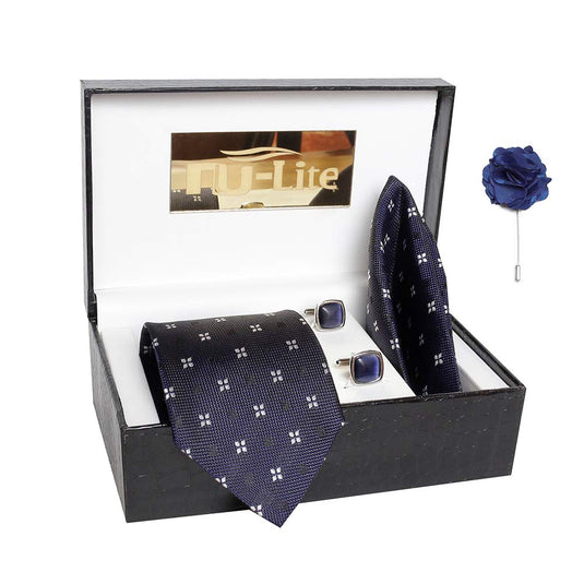 AXLON Men's Micro Polyester Printed Necktie Set with Pocket Square, Brooch Pin and Cufflinks (Blue, Free Size)