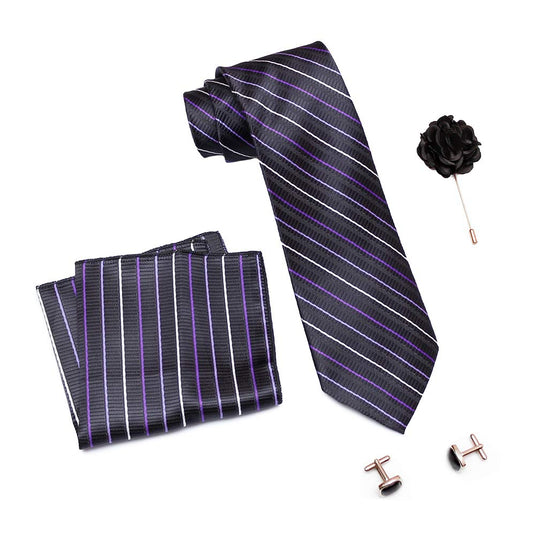 AXLONMen's Stripped Designed Micro Polyester Necktie Set with Pocket Square, Brooch Pin and Cufflinks (Free Size)