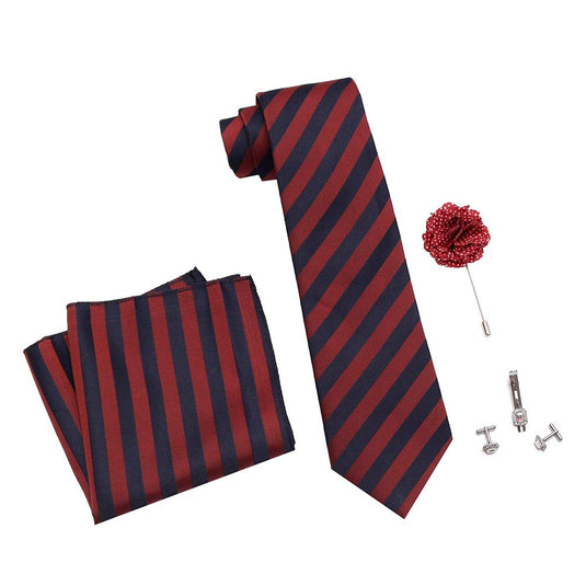 Axlon Men's Micro Polyester Necktie Set with Pocket Square, Brooch Pin and Cufflinks (Red and Blue, Free Size)