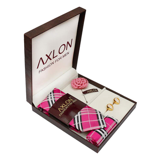 Axlon Men Silk Stain Resistant Check Print Neck Tie Accessory Gift Set- Pink(Free Size)