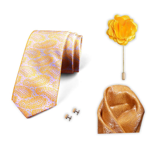 Axlon Men's Micro Polyester Paisley Necktie Set with Pocket Square and Brooch Pin (Mustard, Free Size)