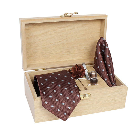 AXLON Men's Micro Polyester Casual Formal Necktie Set with Pocket Square, Brooch Pin and Cufflinks in Wooden Box (Free Size)