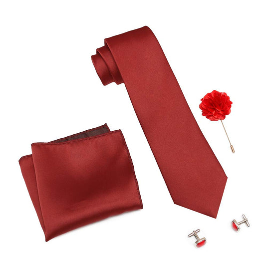 Men's Plain Micro Polyester Necktie Set with Pocket Square, Brooch Pin and Cufflinks (Free Size)