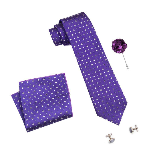 AXLON Men's Micro Polyester Necktie Set with Pocket Square, Brooch Pin and Cufflinks in Wooden Box (Free Size)