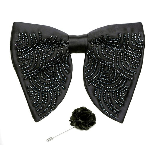 AXLON Premium Butterfly Embroidery Cut Dana Micro Fabric Oversize Big Bow Tie For Men With Flower Brooch Pin (Free Size)