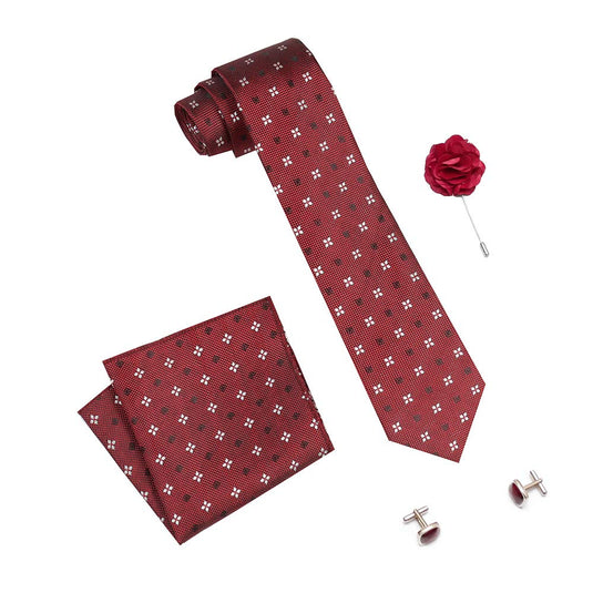 AXLON Men's Micro Polyester Printed Necktie Set with Pocket Square, Brooch Pin and Cufflinks (Red, Free Size)