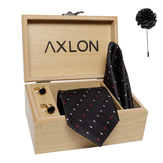 Axlon Men's Micro Polyester Dotted Necktie Set with Pocket Square, Brooch Pin and Cufflinks (Black, Free Size)