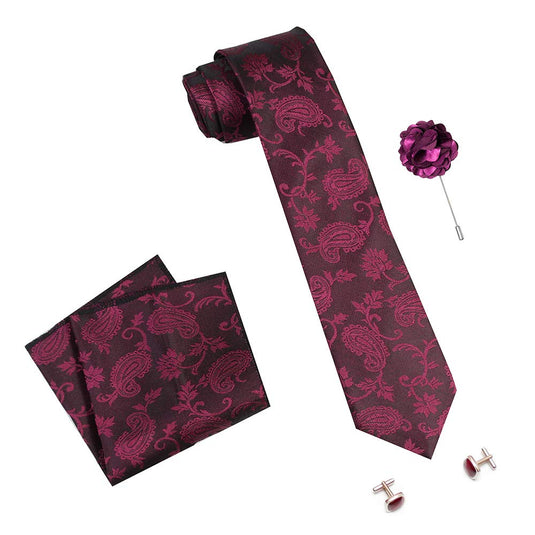 AXLON Men's Micro Polyester Paisley Necktie Set with Pocket Square and Brooch Pin (Maroon, Free Size)