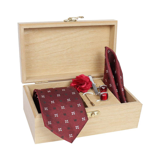 AXLON Men's Micro Polyester Printed Necktie Set with Pocket Square, Brooch Pin and Cufflinks (Red, Free Size)