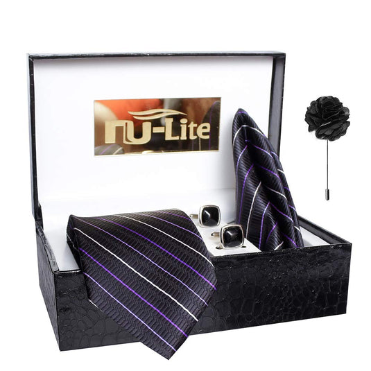 AXLONMen's Stripped Designed Micro Polyester Necktie Set with Pocket Square, Brooch Pin and Cufflinks (Free Size)