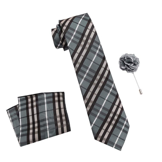 Axlon Men's Polyester Necktie Set with Pocket Square, Brooch Pin and Cufflinks (Free Size, Grey)