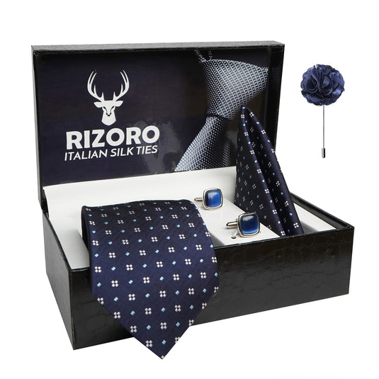 RIZORO Mens Plaid Dotted Silk Necktie Gift Set With Pocket Square Cufflinks & Brooch Pin Formal Tie With Leatherite Box (4D1RX Free Size) | (Leather Gift Box) (Pack of 4)