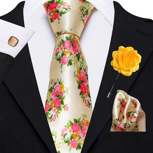 Axlon Men's Micro Polyester Floral Necktie Set with Pocket Square and Brooch Pin (Beige ,Free Size)