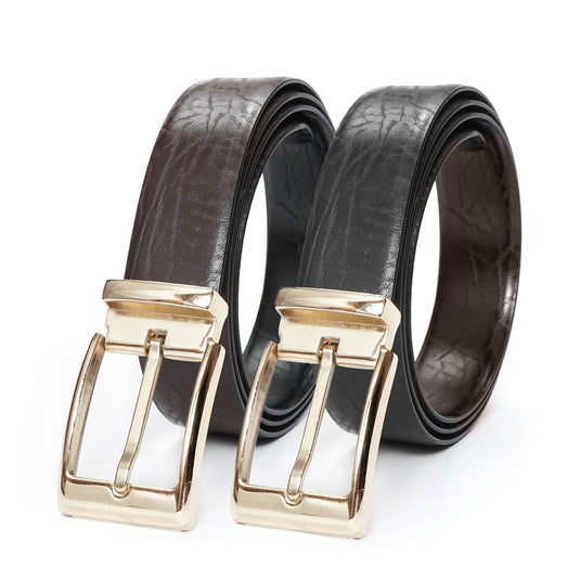 Rizoro Reversible Formal Pu Leather Belt For Men with Gold Alloy Buckle (Color- Black/Brown | 50 Inches Length Waist - 44 Inches)