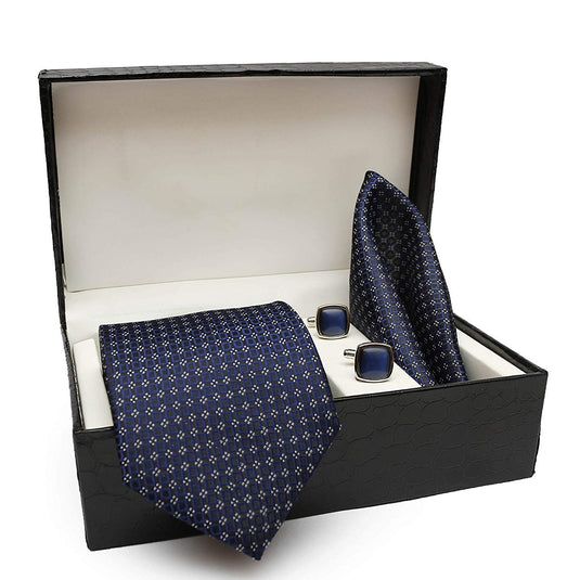 AXLON Men's Silk Stain Resistant Necktie, Pocket Square, Cufflinks Set (Blue, Free Size)