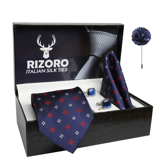 RIZORO Mens Plaid Dotted Silk Necktie Gift Set With Pocket Square Cufflinks & Brooch Pin Formal Tie With Leatherite Box (4D3RX Free Size) | (Leather Gift Box) (Pack of 4)