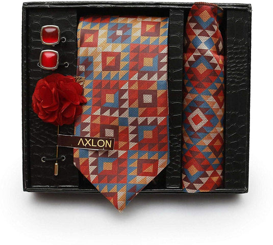 Axlon Formal Printed Poly Blend Necktie Set with Pocket Square, Brooch Pin and Cufflinks for Men's Gift Box (Free Size, Multicolour)