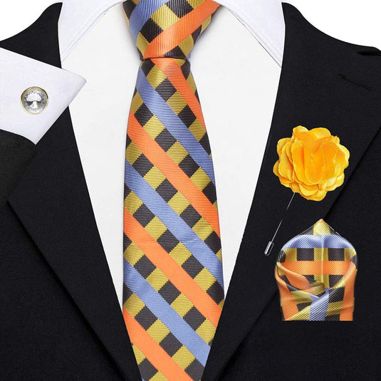 Axlon Men's Micro Polyester Stripped Necktie Set with Pocket Square, Brooch Pin and Cufflinks (Multicolour, Free Size)